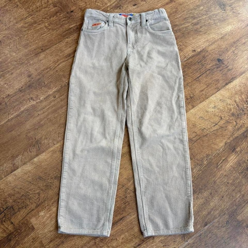 Empyre khaki colored corduroy straight leg trousers with‎ a relaxed fit,